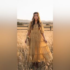 Calista Yellow Floral Tiered Maxi Dress Size M Boho Cottagecore Summer Fall